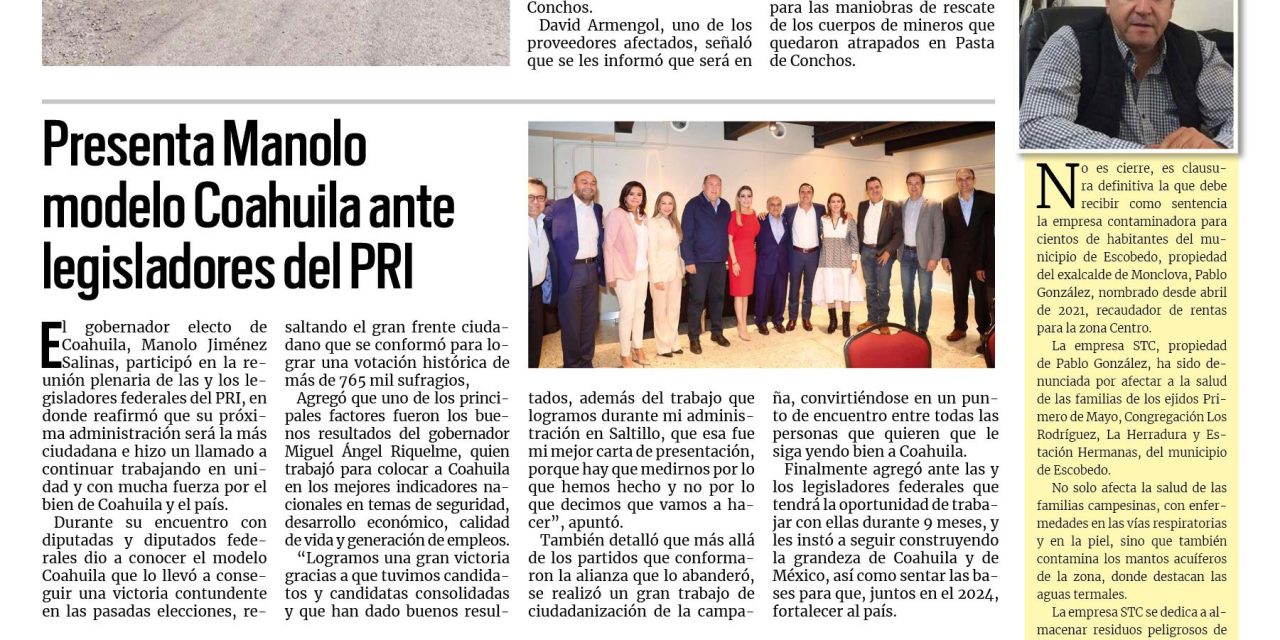 Portada RCG Carbonífera [31 de agosto de 2023] Acuerdan pago a proveedores en rescate de Pasta de Conchos; investiga Fiscalía fraude en tandas y más…