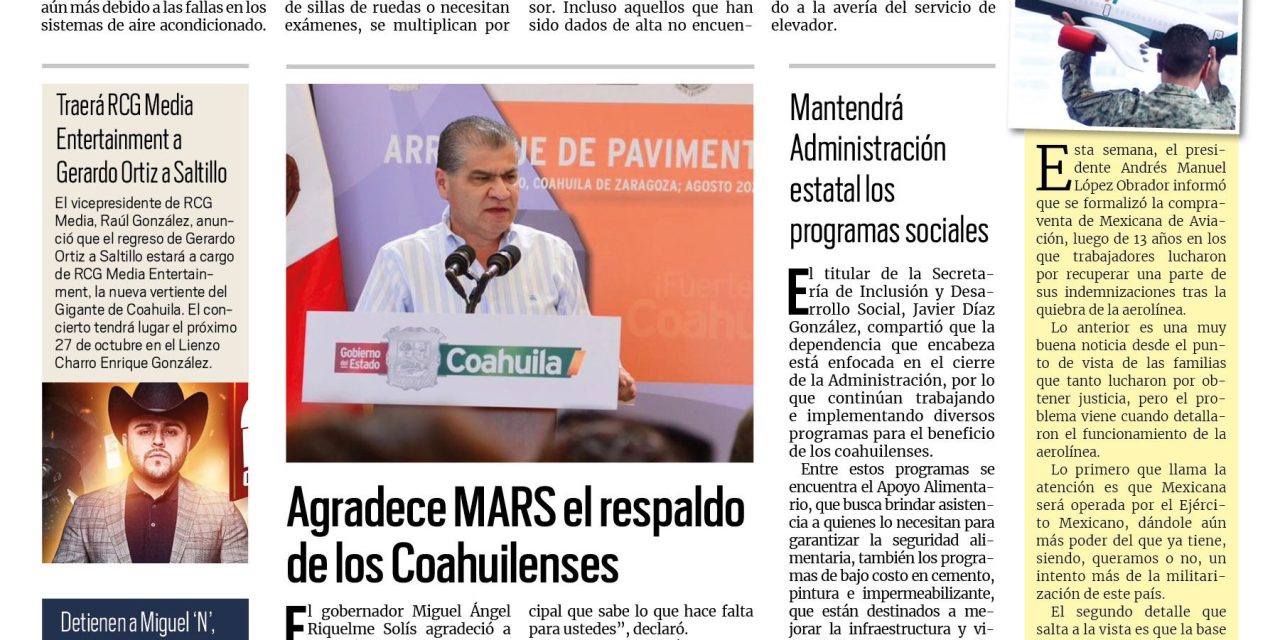 Portada RCG Centro [12 de agosto de 2023] Piden enseres a familiares de pacientes en el IMSS Monclova; Taxistas dan ultimátum a autoridades en Monclova y más…