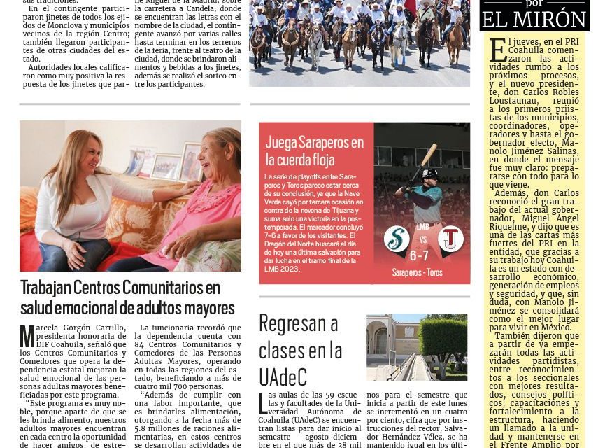 Portada RCG Centro [14 de agosto de 2023] Cabalgan para celebrar a Monclova; realizan carrera 5K Nora Rocha y más…