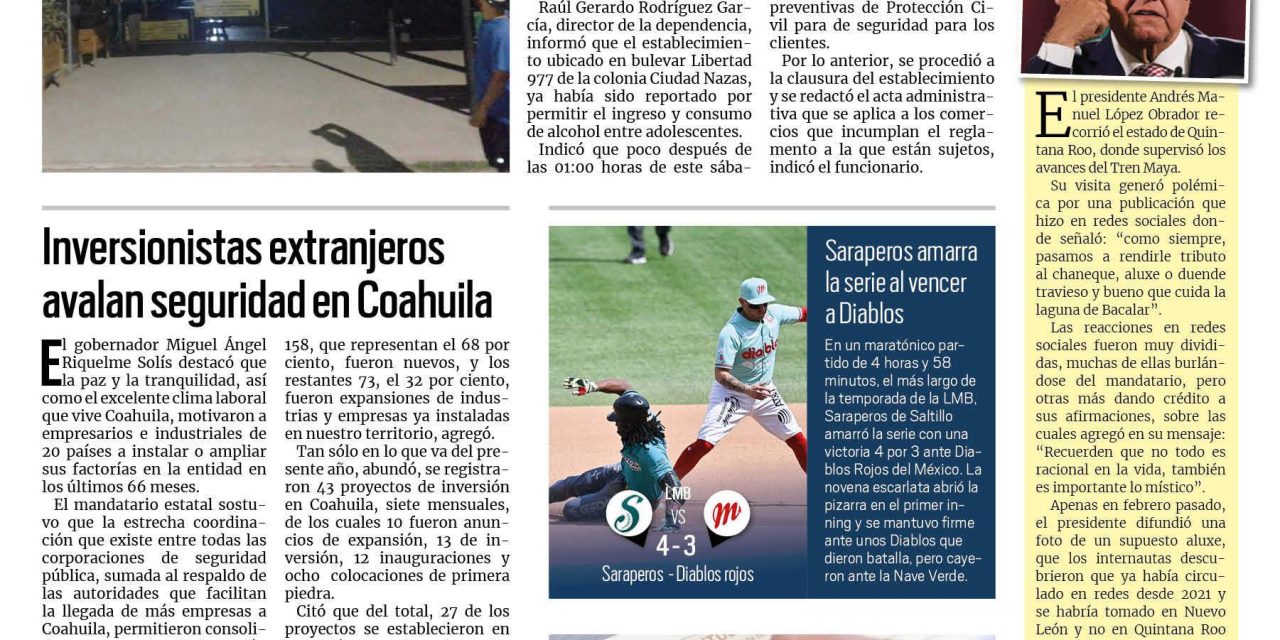 Portada RCG Lagunera [6 de agosto de 2023] Cierran restaurante por venta de alcohol a menores en Torreón; Dan mantenimiento constante al Bosque Urbano y más…