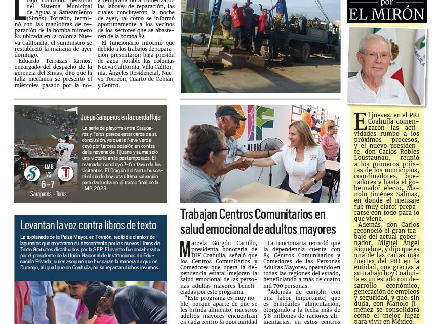 Portada RCG Lagunera [14 de agosto de 2023] Reintegran bomba a red de Simas Torreón; realizan simulacros de incendio en guarderías y más…