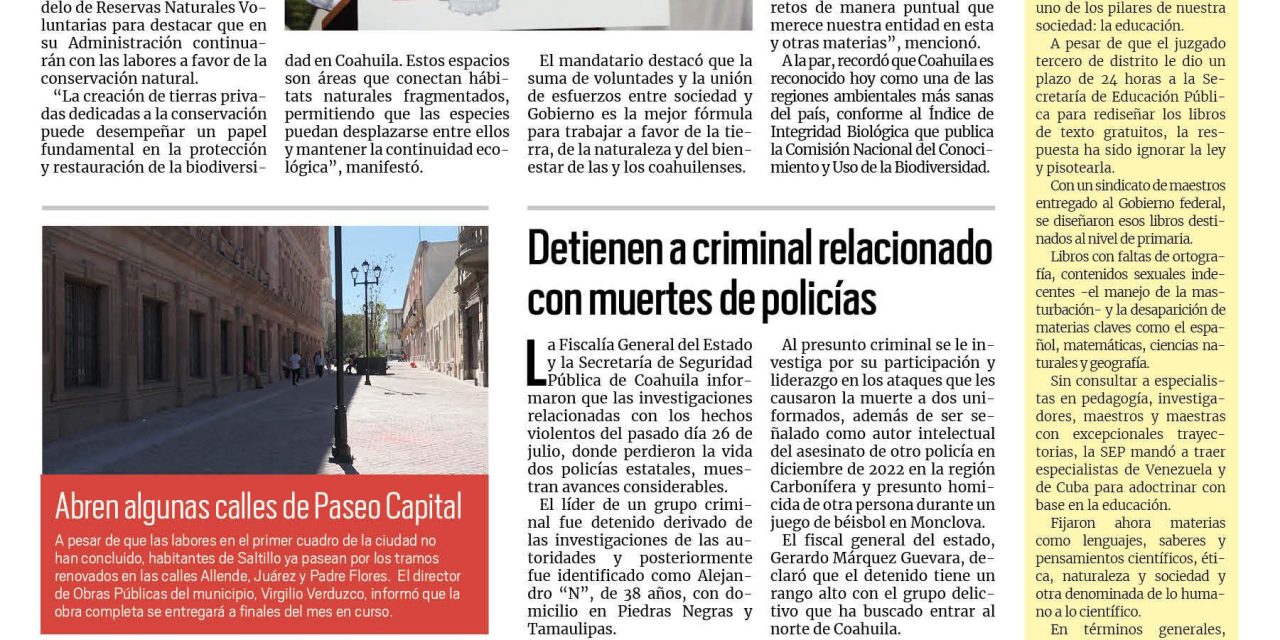 Portada RCG Media [2 de agosto de 2023] Se compromete Coahuila con la conservación natural; detienen a criminal relacionado con muertes de policías y más…