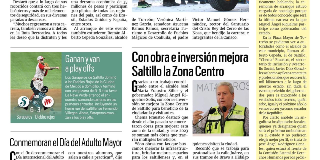 Portada RCG Media [5 de agosto de 2023] MARS da banderazo de salida; Coahuila 1000, la ruta más segura de México; Aumenta consumo por calor: Trabaja Agsal plan para enfrentar demanda y más…
