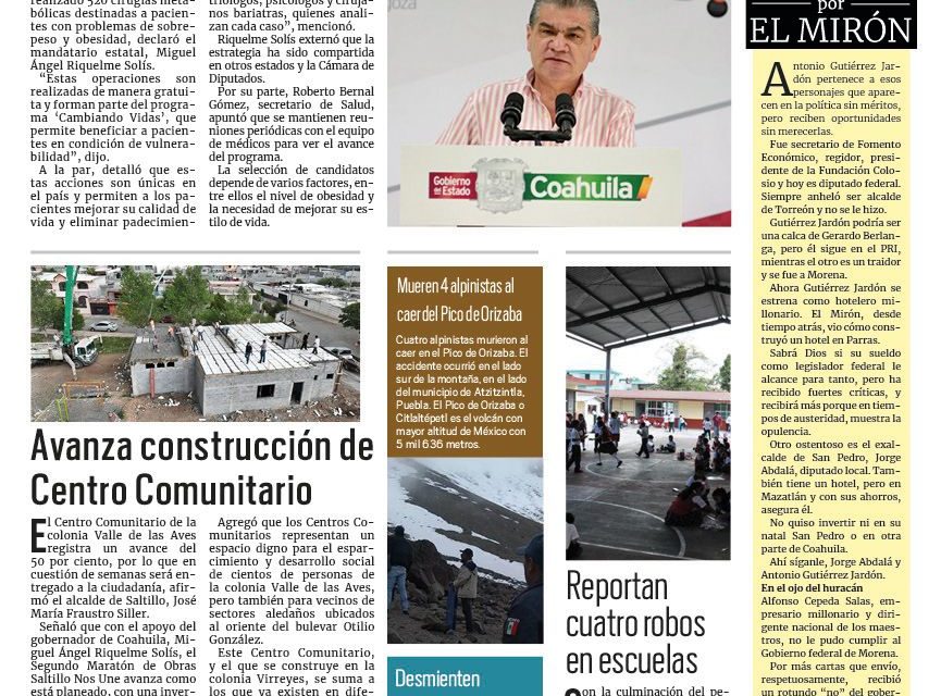 Portada RCG Media [21 de agosto de 2023] Priorizamos la salud de los coahuilenses: MARS; avanza construcción de Centro Comunitario y más…