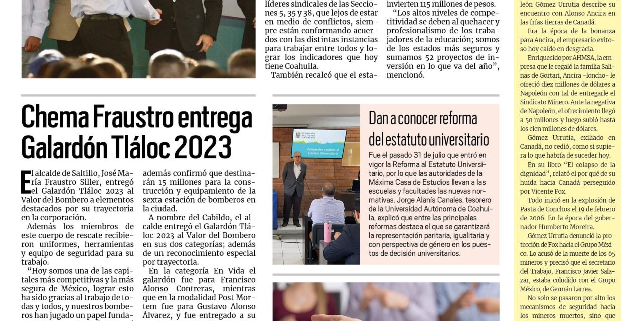 Portada RCG Media [29 de agosto de 2023] Inicia Coahuila ciclo escolar sin contratiempos; Chema Fraustro entrega Galardón Tláloc 2023 y más…