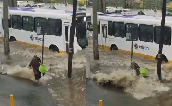 Tras inundación, camión ocasiona olas y arrastra a una abuelita (video)