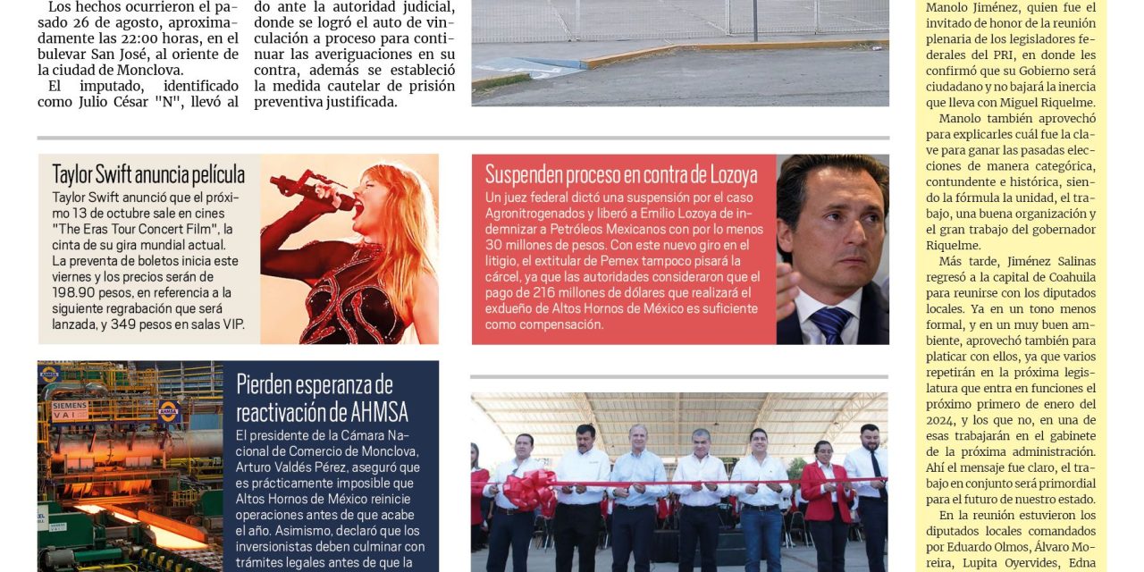 Portada RCG Centro [1 de septiembre de 2023] Detienen a hombre por abuso de menor; extorsionan a familia de Monclova y son defraudados y más…