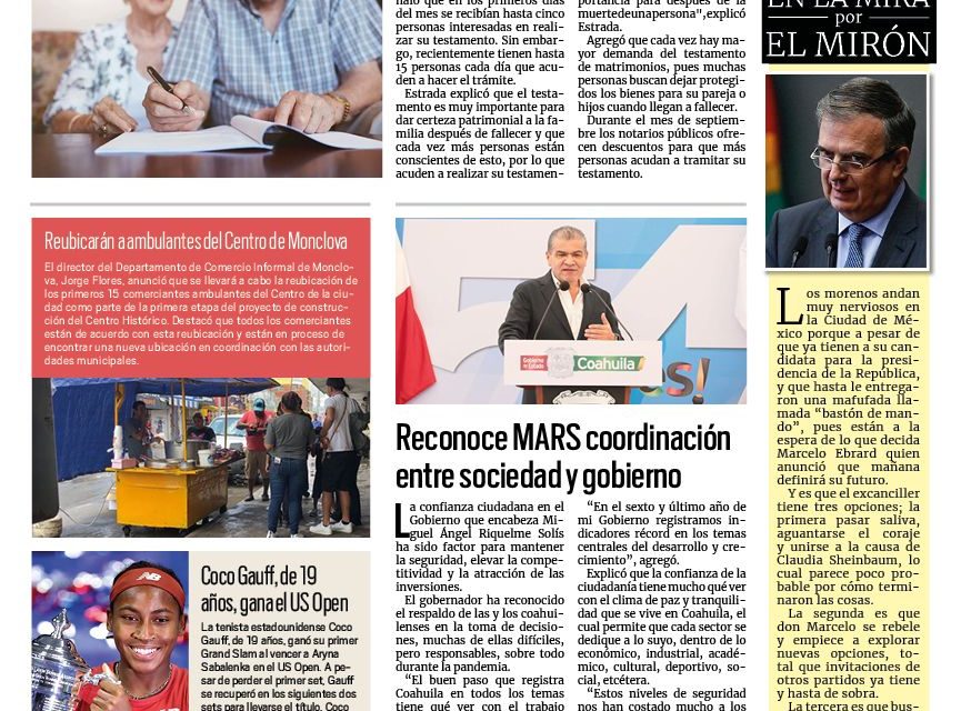 Portada RCG Centro [10 de septiembre de 2023] Aumenta la demanda de testamentos en Frontera; Monclova debe mejorar infraestructura para atraer inversiones y más…