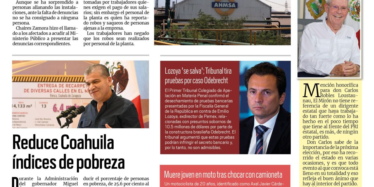 Portada RCG Centro [24 de septiembre de 2023] No hay denuncias por robos en AHMSA: delegado de la Fiscalía; Vigilan que garrapatas no entren a escuelas de Monclova y más…