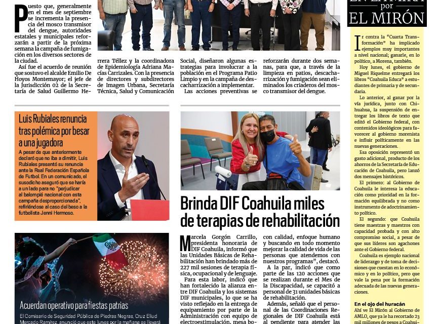 Portada RCG Fronteriza [11 de septiembre de 2023] Reforzarán acciones de salud en Acuña; beneficiarán a 63 productores con 20 toneladas de semilla y más…