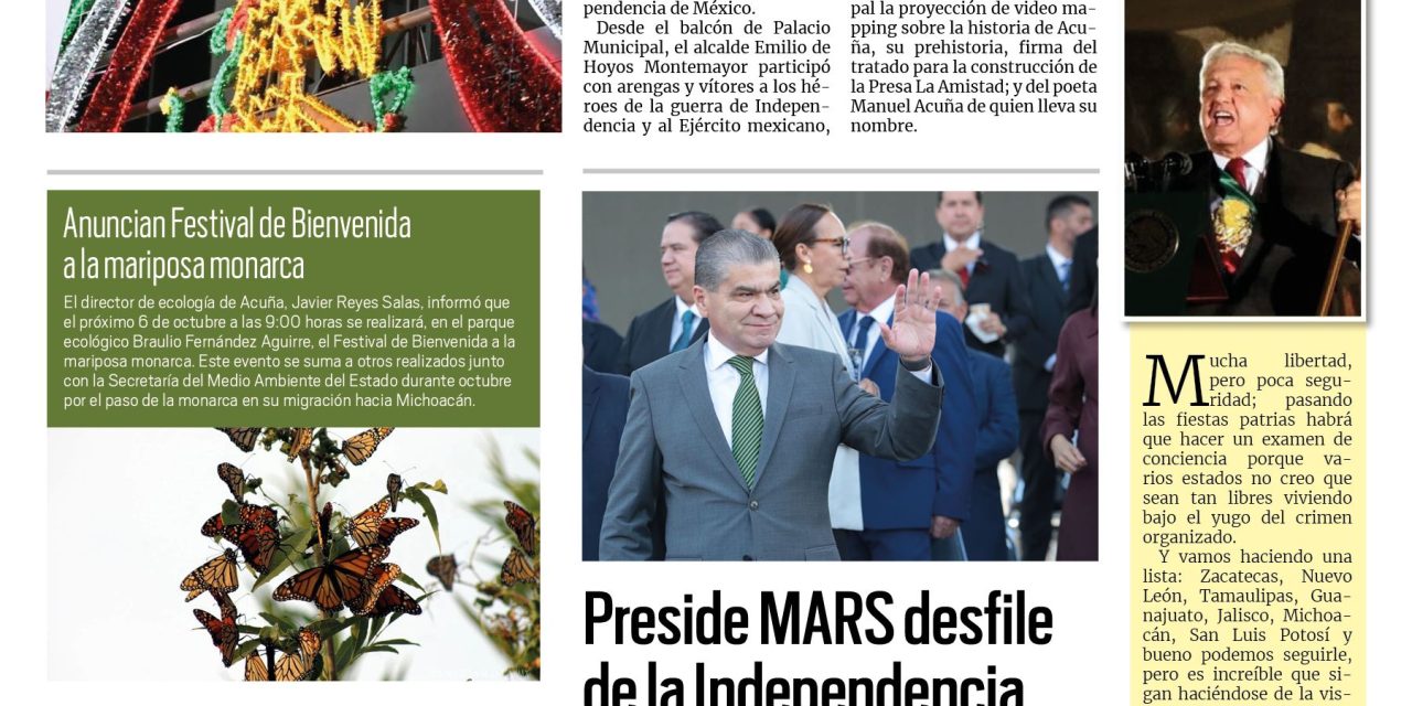 Portada RCG Fronteriza [17 de septiembre de 2023] Vive Acuña la Independencia de México; Subsidia Municipio semillas para productores y más…
