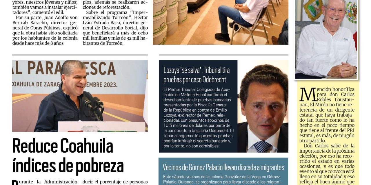 Portada RCG Lagunera [24 de septiembre de 2023] Entregan techumbre y juegos en plaza al oriente de Torreón; Detectan venta de bebidas alcohólicas en tiendas sin permiso y más…
