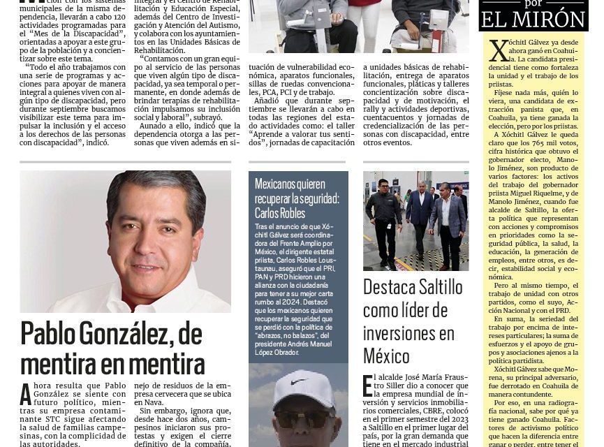Portada RCG Media [4 de septiembre de 2023] Inicia DIF Coahuila acciones por Mes de la Discapacidad; Pablo González, de mentira en mentira y más…