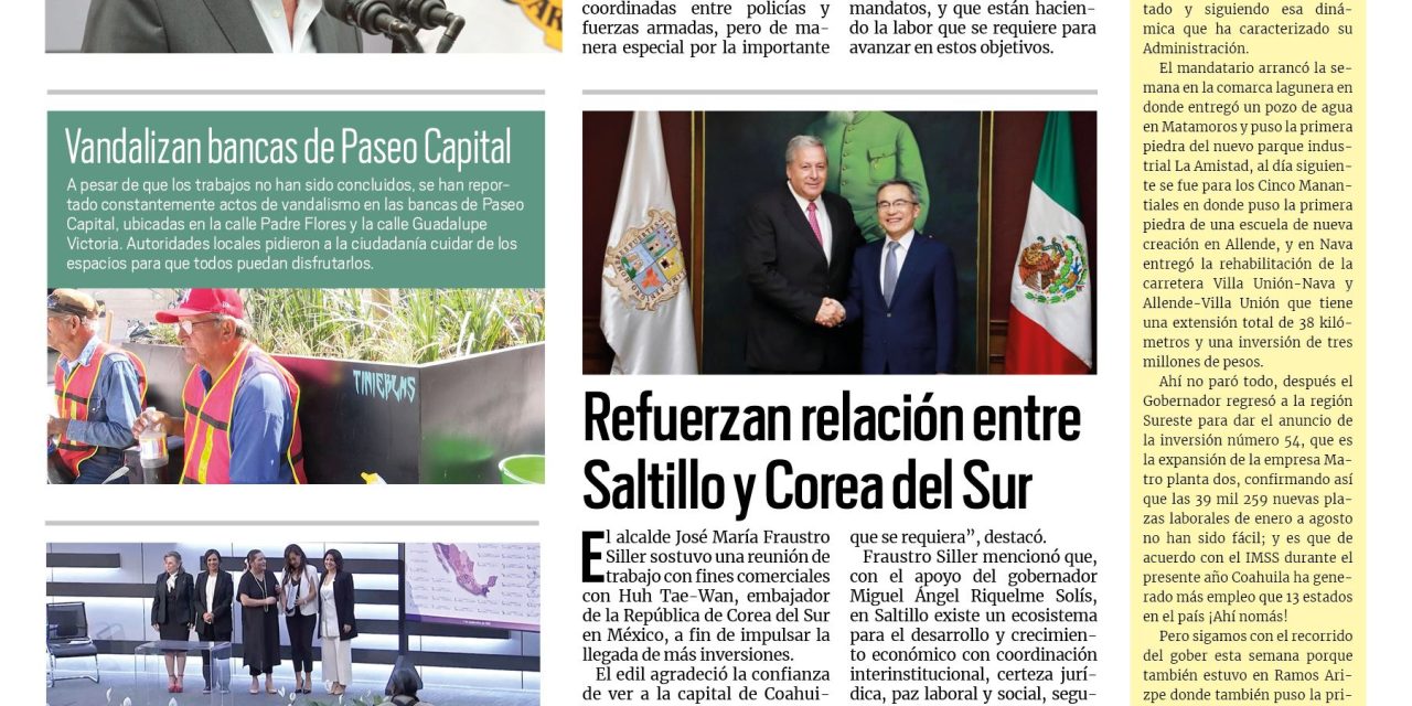 Portada RCG Media [8 de septiembre de 2023] Resalta MARS importancia de participación ciudadana; refuerzan relación entre Saltillo y Corea del Sur y más…