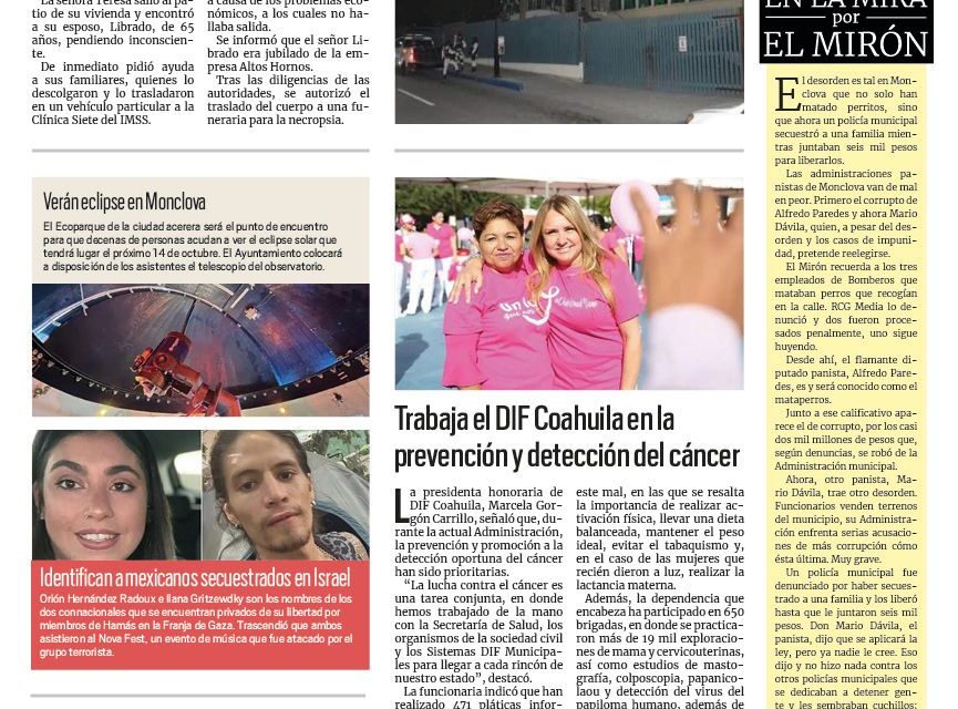 Portada RCG Centro [9 de octubre de 2023] Jubilado de AHMSA se quita la vida; se despide ‘Dr. Vagón’ de la región Centro del estado y más…