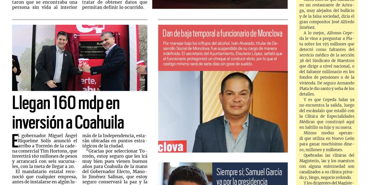 Portada RCG Centro [24 de octubre de 2023] Fallece joven atleta en Monclova; imputan a expolicia por secuestro y más…
