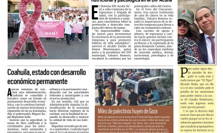 Portada RCG Fronteriza [15 de octubre de 2023] Caminan por la sensibilización del cáncer de mama; Continúan obras en escuelas de Acuña y más…