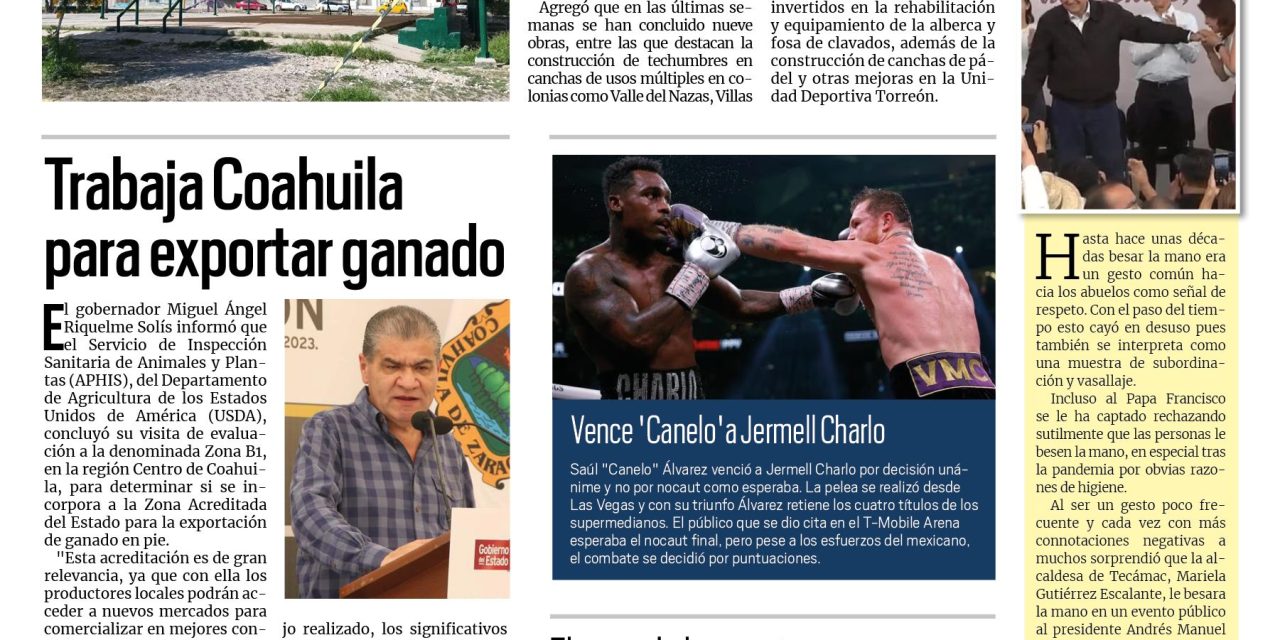 Portada RCG Lagunera [1 de octubre de 2023] Invierte Torreón en infraestructura deportiva; Instalan señalética en el Mercado Alianza y más…