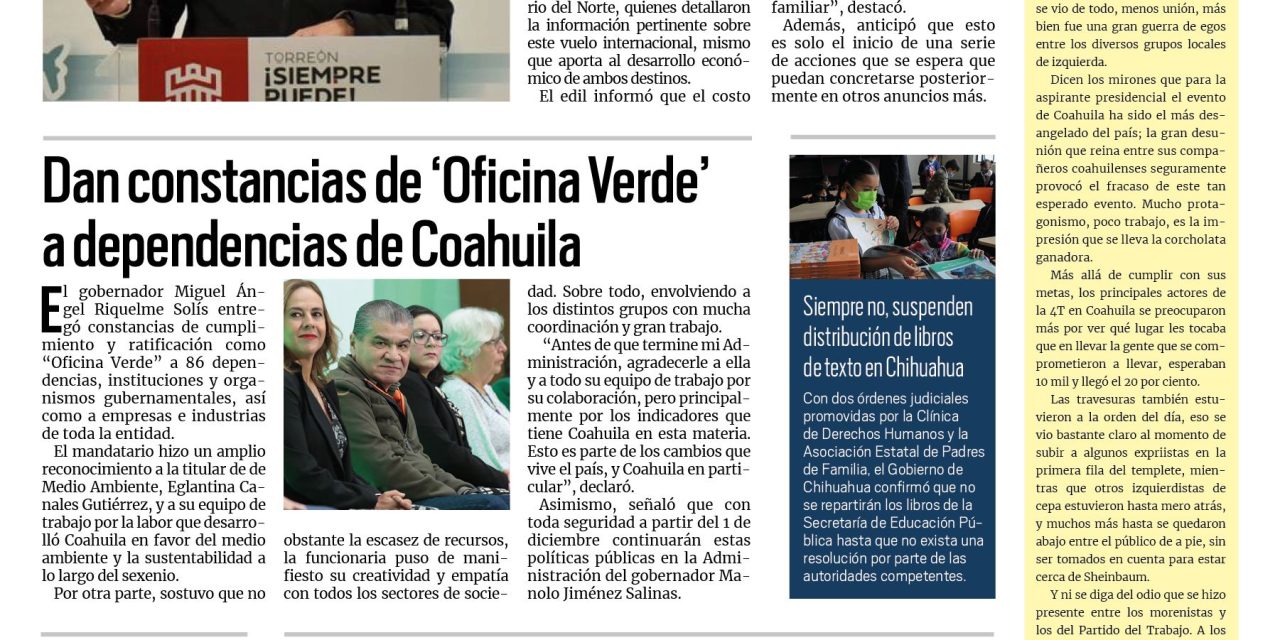 Portada RCG Lagunera [12 de octubre de 2023] Llegará a Torreón nueva ruta aérea internacional; obsequia la NASA 10 mil lentes para ver el eclipse y más…