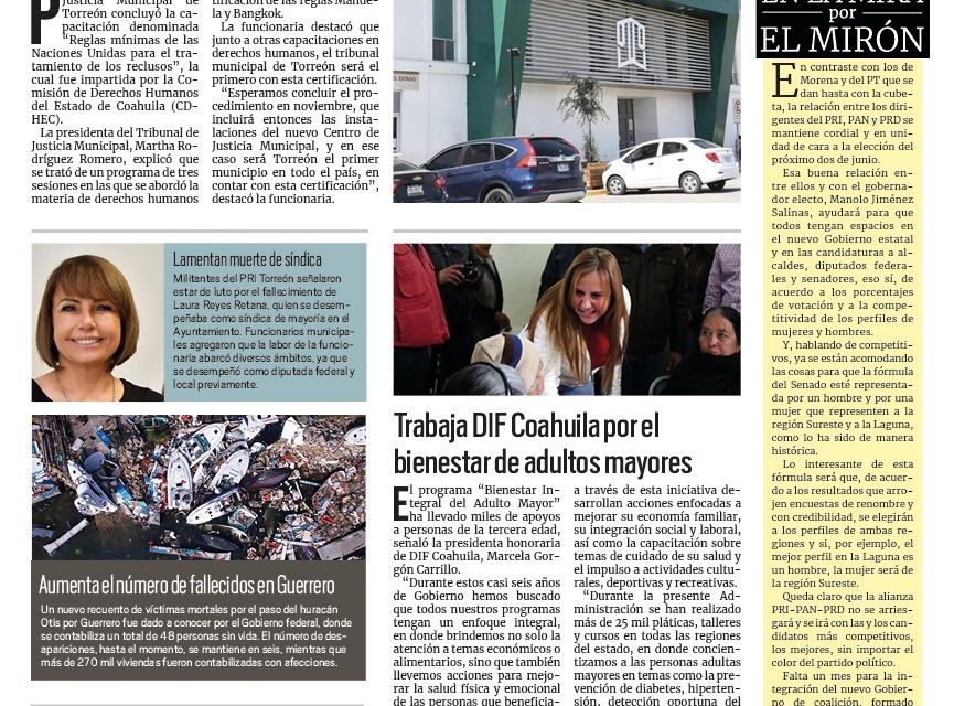 Portada RCG Laguna [ 30 de octubre de 2023] Capacitan a personal del Tribunal de Justicia Municipal; Ayuntamiento regula a lavacoches de la Alameda y más…