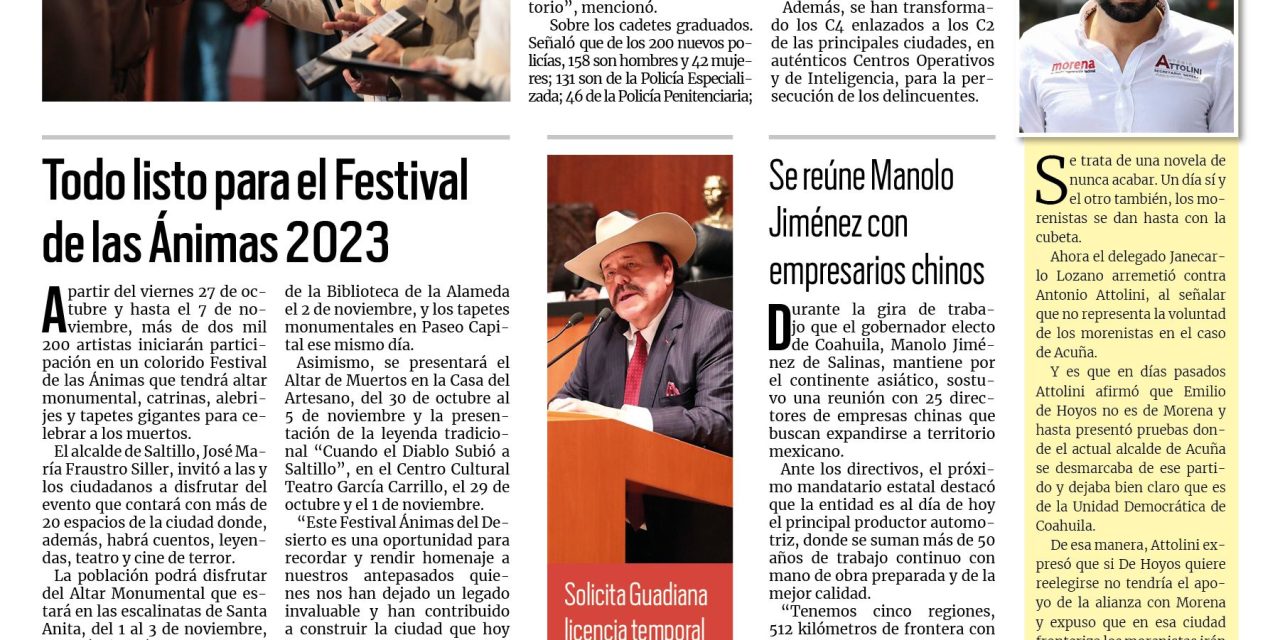 Portada RCG Media [25 de octubre de 2023] ‘Garantizamos las condiciones de seguridad en Coahuila’; todo listo para el Festival de las Ánimas 2023 y más…