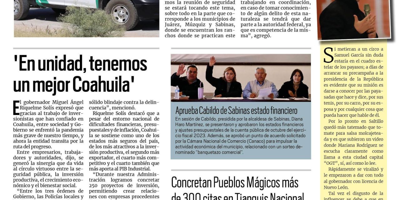 Portada RCG Carbonífera [26 de noviembre de 2023] Refuerzan medidas contra caza furtiva; Encuentran cadáver en las vías de Sabinas y más…