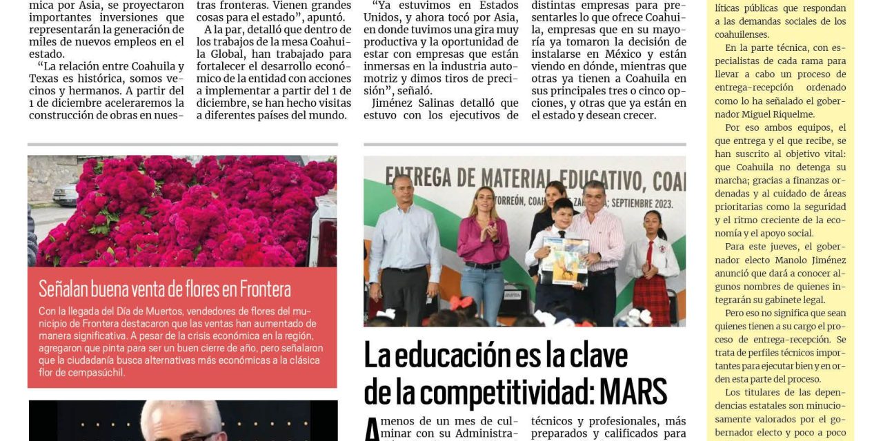 Portada RCG Centro [ 02 de noviembre de 2023] Prevé Manolo Jiménez gran desarrollo económico para Coahuila; investiga Fiscalía ataque a vigilante de AHMSA y más…
