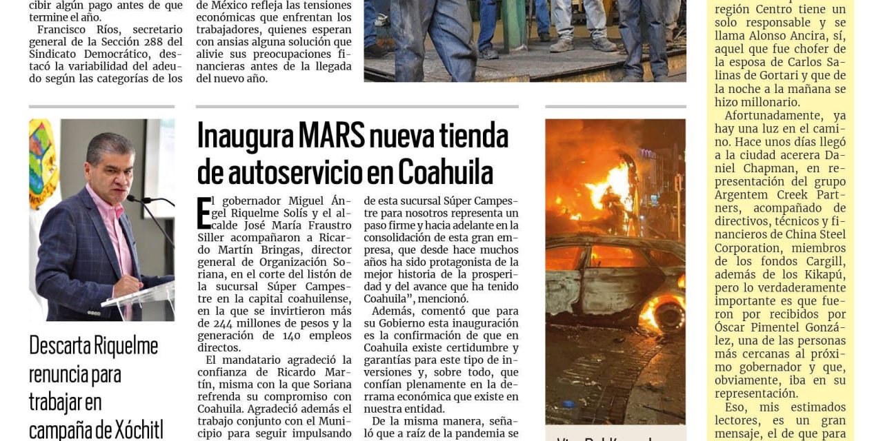 Portada RCG Centro [25 de noviembre de 2023] AHMSA adeuda 140 mil pesos a cada uno de sus empleados; empresas orientales evalúan instalarse en Monclova y más…