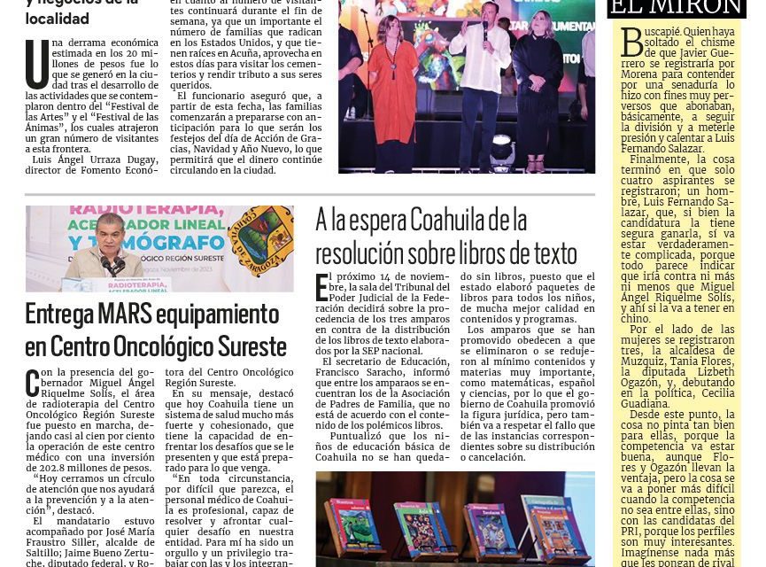 Portada RCG Fronteriza [ 04 de noviembre de 2023] Dejan fiestas de octubre derrama económica para Acuña; darán a conocer quienes marcharán en el Servicio Militar y más…