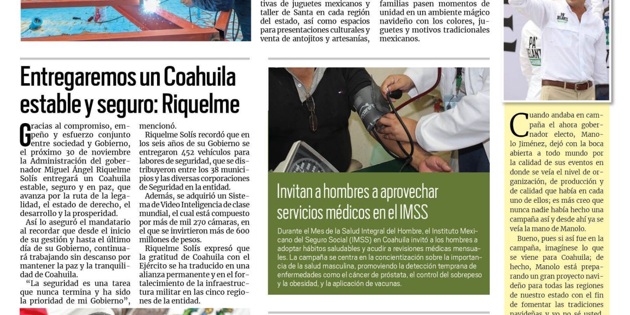 Portada RCG Fronteriza [12 de noviembre de 2023] Prepara Manolo un proyecto navideño para todas las regiones; atienden a 25 personas al día por violencia familiar y más…