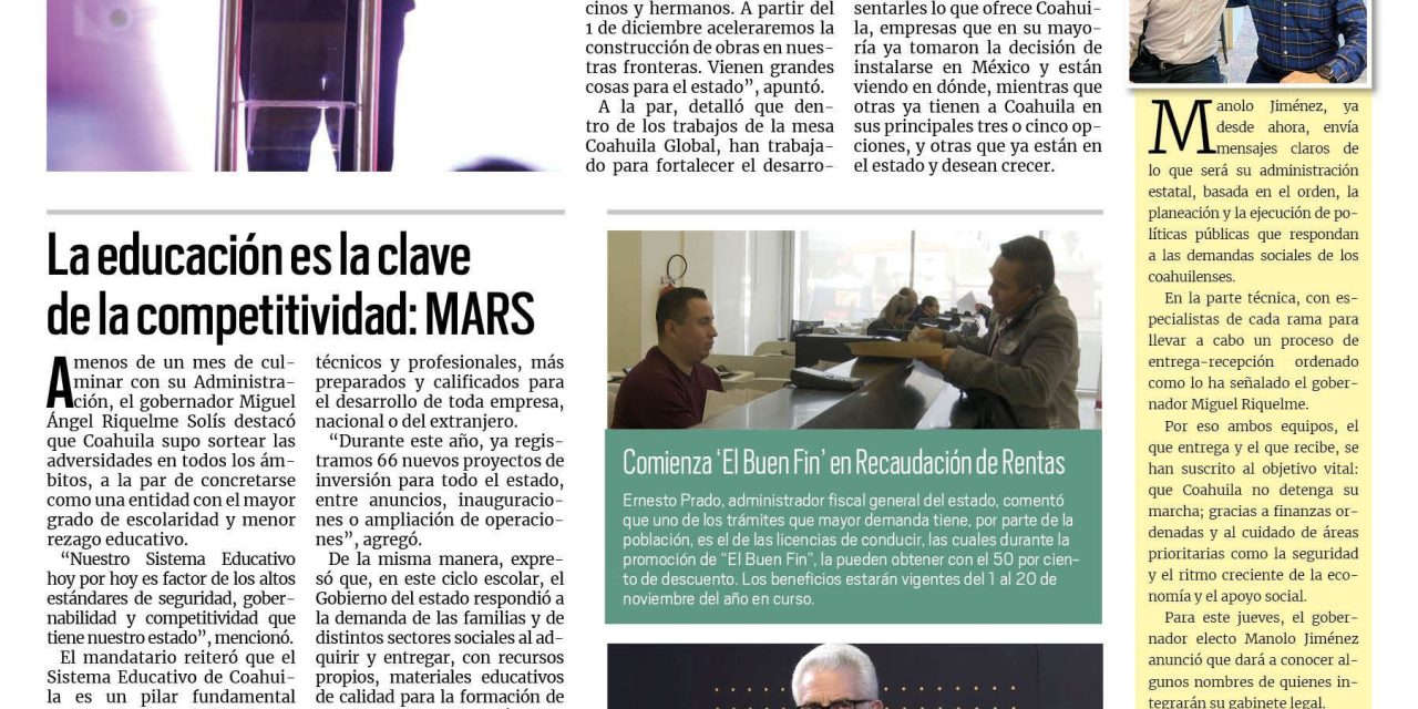 Portada RCG Media [ 02 de noviembre de 2023] Prevé Manolo Jiménez gran desarrollo económico para Coahuila;  la educación es la clave de la competitividad: MARS y más…