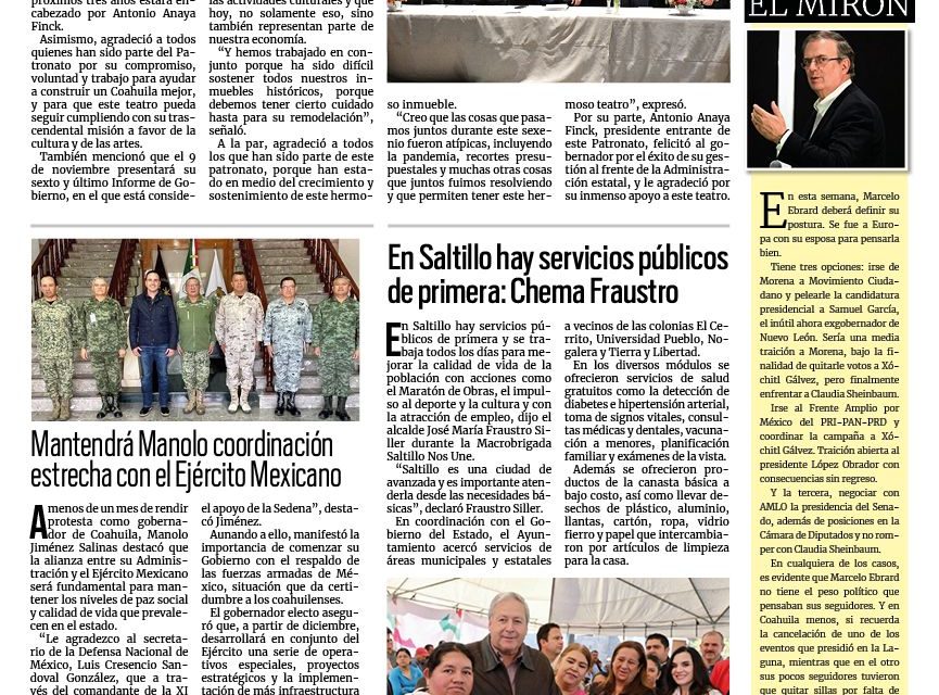 Portada RCG Media [7 de noviembre de 2023] Recibe MARS a nuevo patronato del teatro ‘Isauro Martínez’; En Saltillo hay servicios públicos de primera: Chema Fraustro y más…