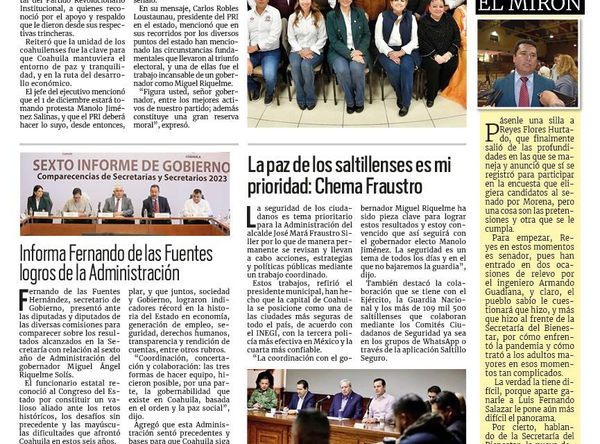 Portada RCG Media [11 de noviembre de 2023] Entrega Miguel Riquelme Informe de Gobierno ante el PRI; la paz de los saltillenses es mi prioridad: Chema Fraustro y más…