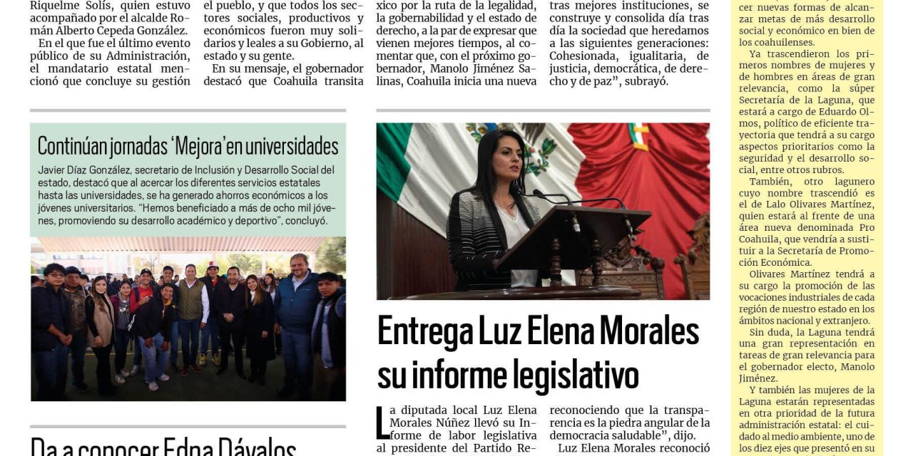 Portada RCG Media [30 de noviembre de 2023] ‘Concluyo mi gestión agradecido con los coahuilenses: MARS; entrega Luz Elena Morales su informe legislativo y más…