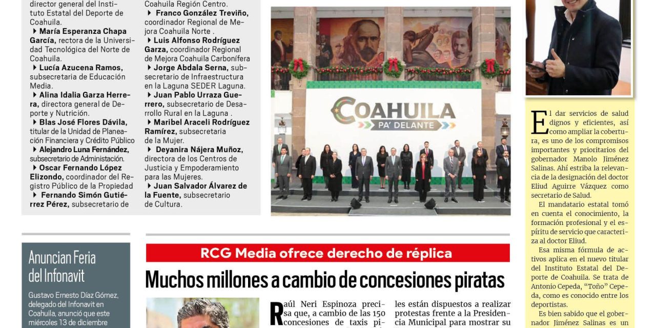 Portada RCG Carbonífera [13 de diciembre de 2023] Fortalece Manolo Jiménez a su equipo de trabajo; respalda Diana Haro a las deportistas y más…