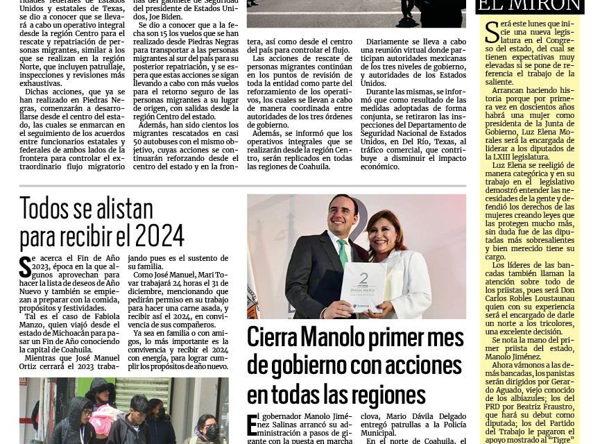 Portada RCG Carbonífera [31 de diciembre de 2023] Intensificarán operativos para deportar migrantes; Llegan más inversiones a Sabinas y más…
