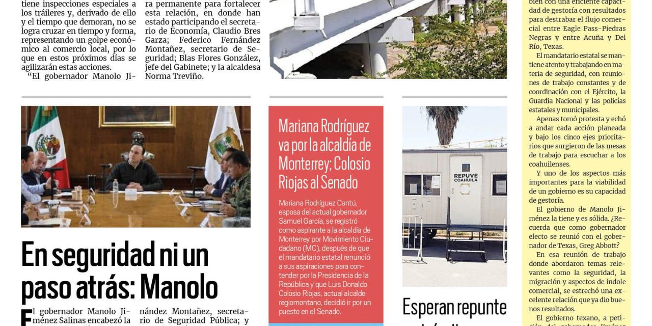 Portada RCG Centro [10 de diciembre de 2023] Retira Texas inspecciones a tráileres en la frontera con Coahuila; Inicia proceso contra presunto feminicida de Yosmi y más…