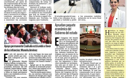 Portada RCG Lagunera [23 de diciembre de 2023] Buscan reforzar coordinación de todas las corporaciones de seguridad; el transporte público se mantendrá en operación  y más…