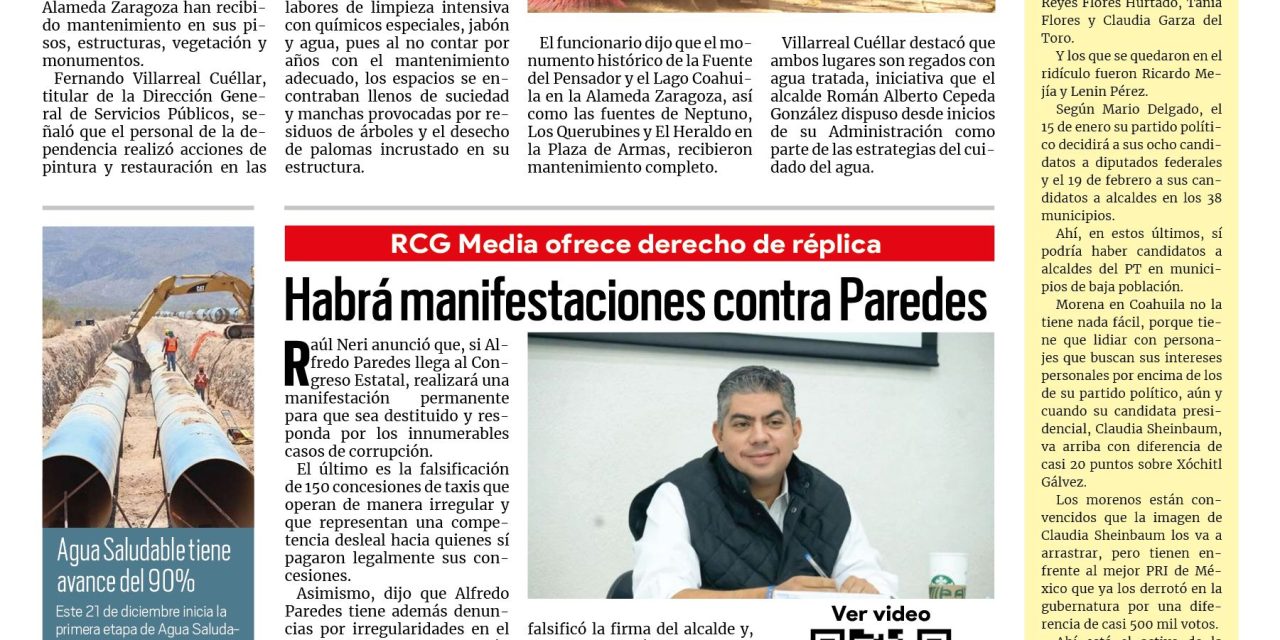 Portada RCG Lagunera [21 de diciembre de 2023] Brindan mantenimiento a Plaza de Armas y Alameda; continuará atención a la población y más…