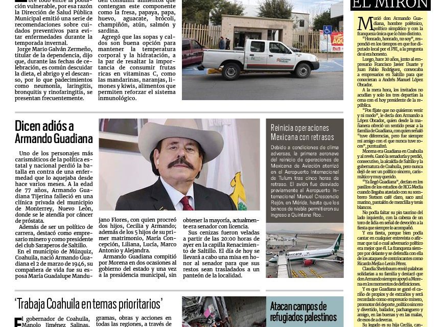Portada RCG Lagunera [27 de diciembre de 2023] Emiten recomendaciones para evitar enfermedades durante el invierno; apoyan a mujeres emprendedoras de Torreón y más…