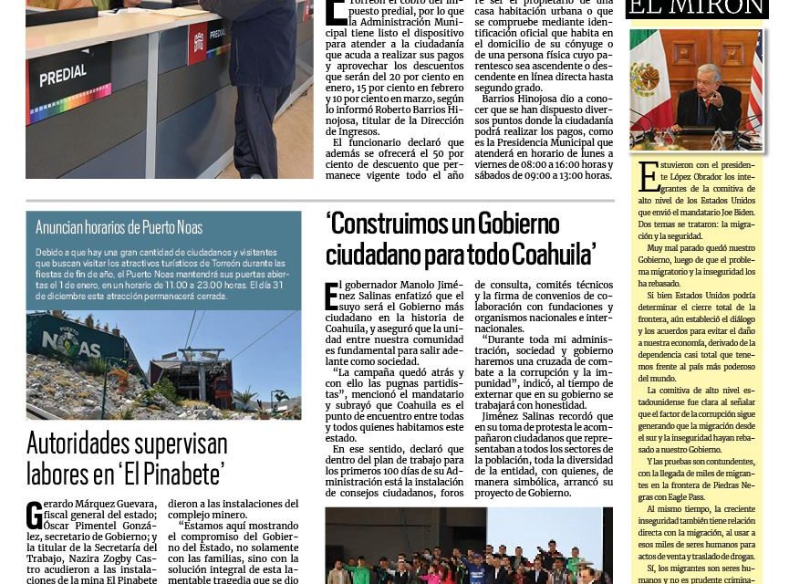 Portada RCG Lagunera [29 de diciembre de 2023] Darán inicio los descuentos en pago del predial en Torreón; aumentan trabajos de señalética en Torreón y más…
