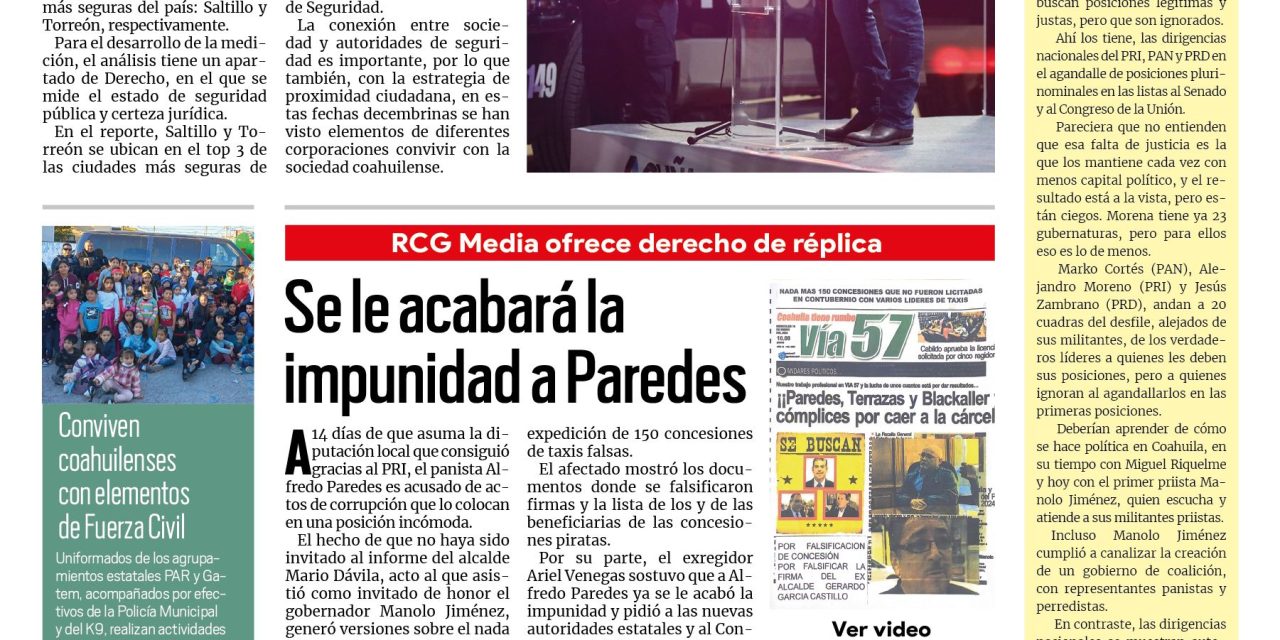 Portada RCG Media [18 de diciembre de 2023] Tiene Coahuila dos de las ciudades más seguras de México; se le acabará la impunidad a Paredes y más…