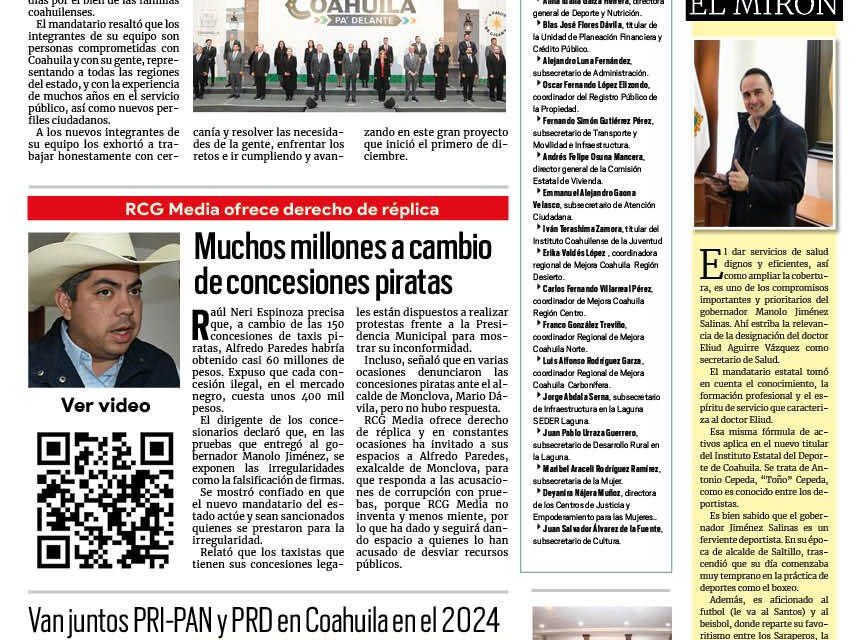 Portada RCG Media [13 de diciembre de 2023] Fortalece Manolo Jiménez a su equipo de trabajo; muchos millones a cambio de concesiones piratas y más…