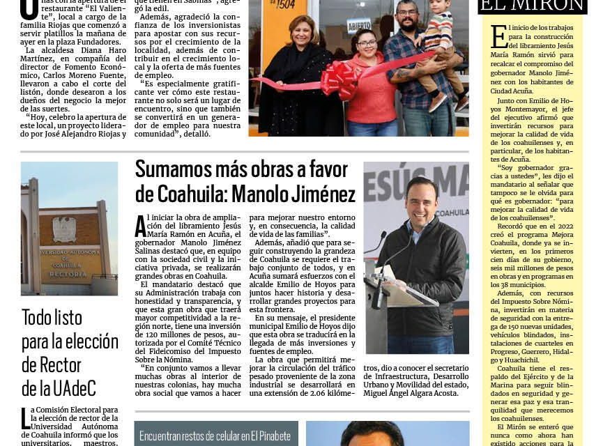 Portada RCG Carbonífera [25 de enero de 2024] Aplaude Diana Haro nuevos comercios en Sabinas; rastro de Sabinas tiene gran demanda y más…
