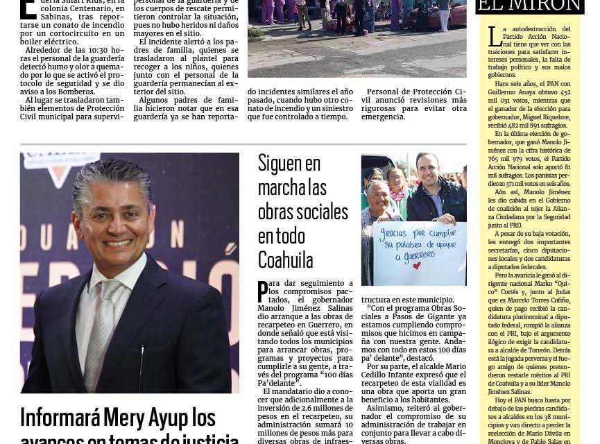 Portada RCG Carbonífera [26 de enero de 2024] Supervisa Diana Haro obras en áreas deportivas; conato de incendio en guardería causa movilización y más…