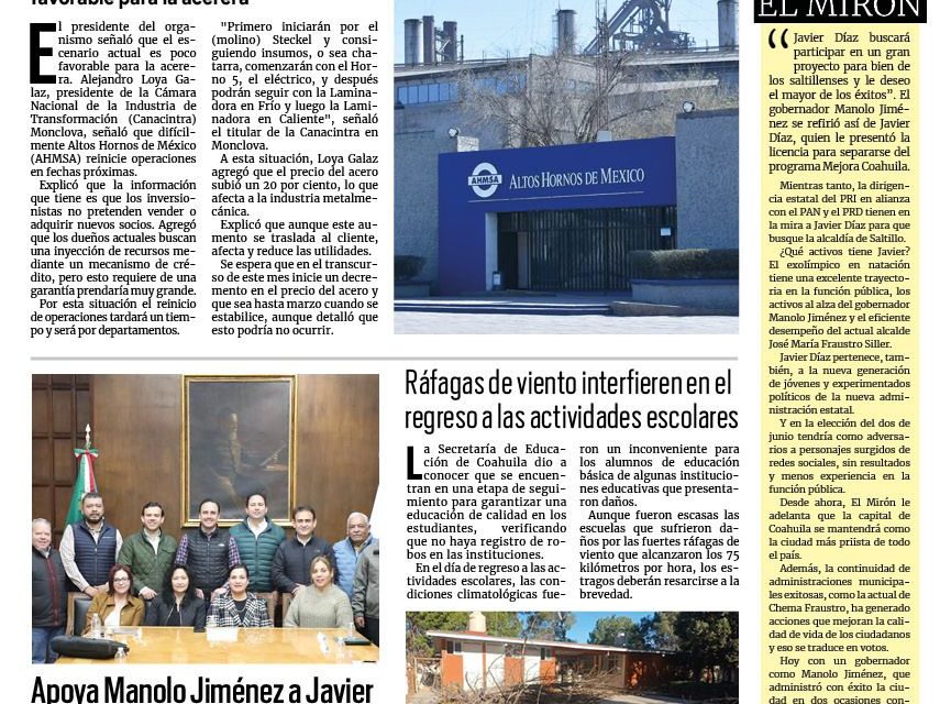 Portada RCG Centro [09 de enero de 2024] ‘Difícil que AHMSA se reactive pronto’; Manolo Jiménez y Mario Dávila  unen esfuerzos por Monclova y más…