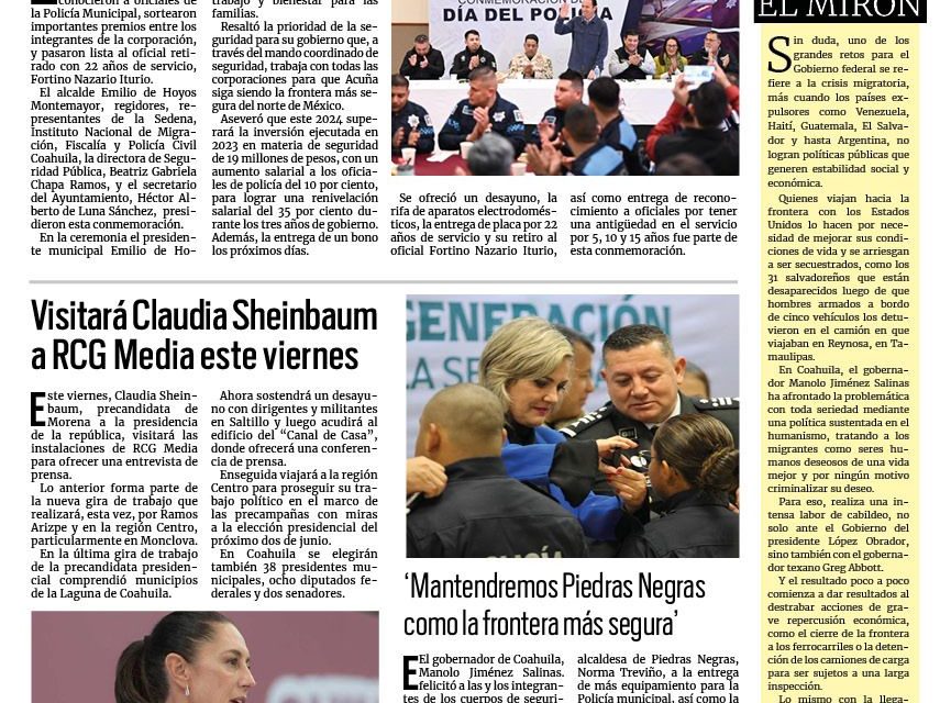 Portada RCG Fronteriza [03 de enero de 2024] Conmemoran en Acuña el Día del Policía; abren convocatoria para cadetes de la Policía y más…