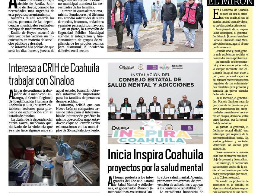 Portada RCG Fronteriza [23 de enero de 2024] Acerca alcalde servicios durante recorrido de brigada en Acuña; sumarán más cadetes a la Policía de Ciudad Acuña y más…