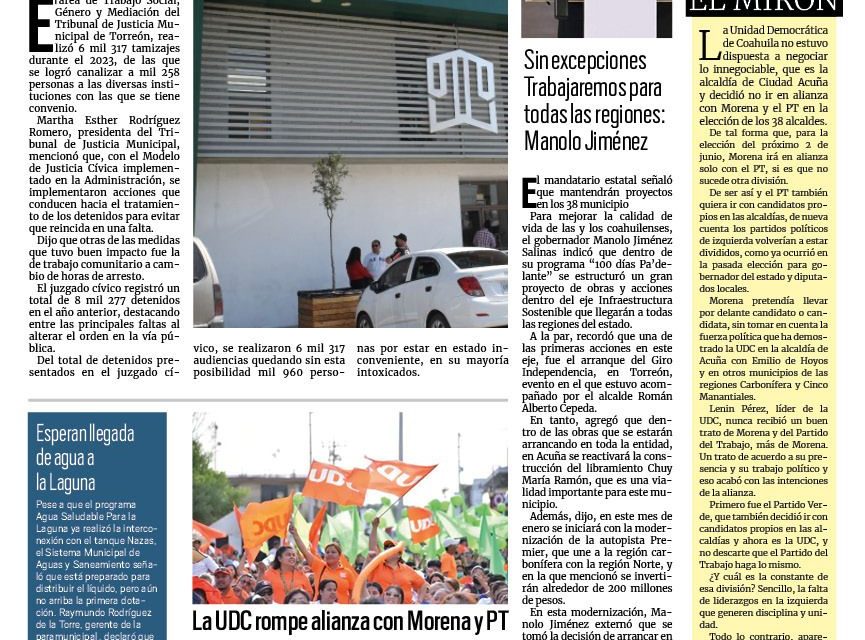Portada RCG Lagunera [08 de enero de 2024] Destacan trabajo del Tribunal de Justicia de Torreón; concluyeron obras de pavimentación en distintas zonas y más…