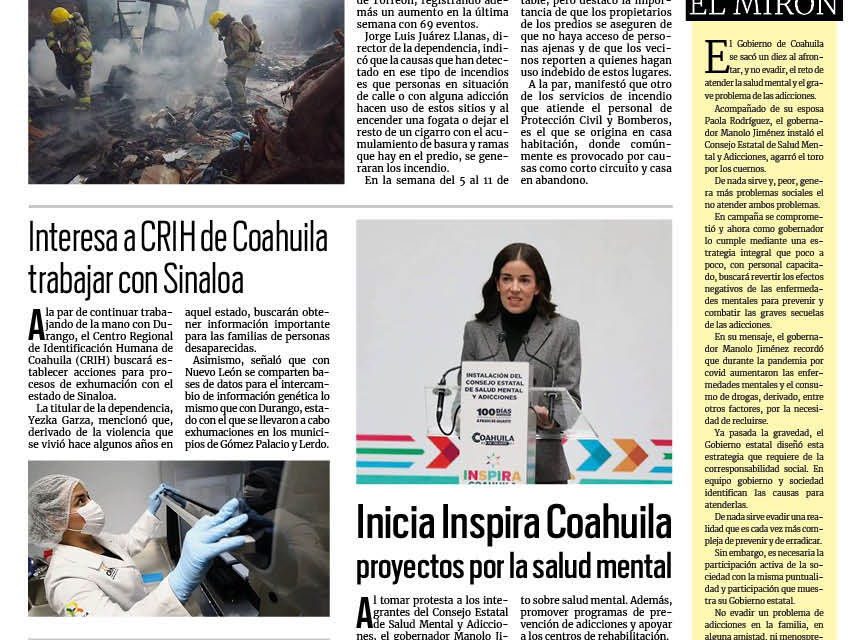 Portada RCG Lagunera [23 de enero de 2024] continúan llamados de auxilio por incendios en baldíos; limpian ciclovía de la antigua carretera San Pedro y más…